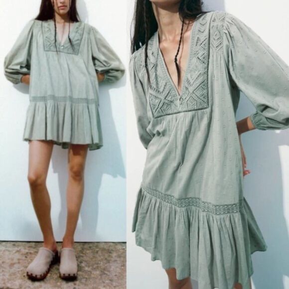 Zara Openwork Embroidery V-Neck Mini Dress Size XS Sage Ruffled Hem Like New - Picture 1 of 7